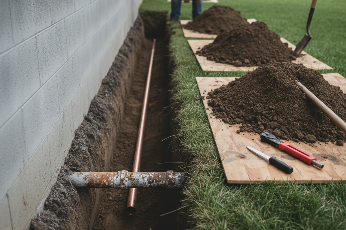 Excavated water line trench during Water Heater Repair in Harwood Heights